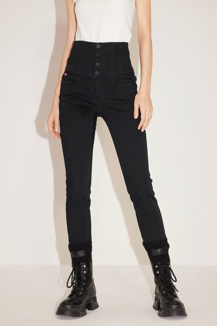 MISS SIXTY High Waist | Super High Waist Fleece Thermal Jeans With Four Buttons Black