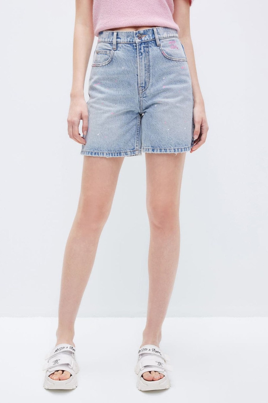 MISS SIXTY Spring-Summer | Miss Sixty X Andre Saraiva Capsule Collection Straight Denim Shorts Light Blue