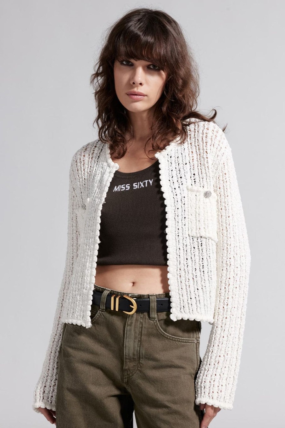 MISS SIXTY Sweaters | Round Neck Hollow Cropped Woolen Jacket White