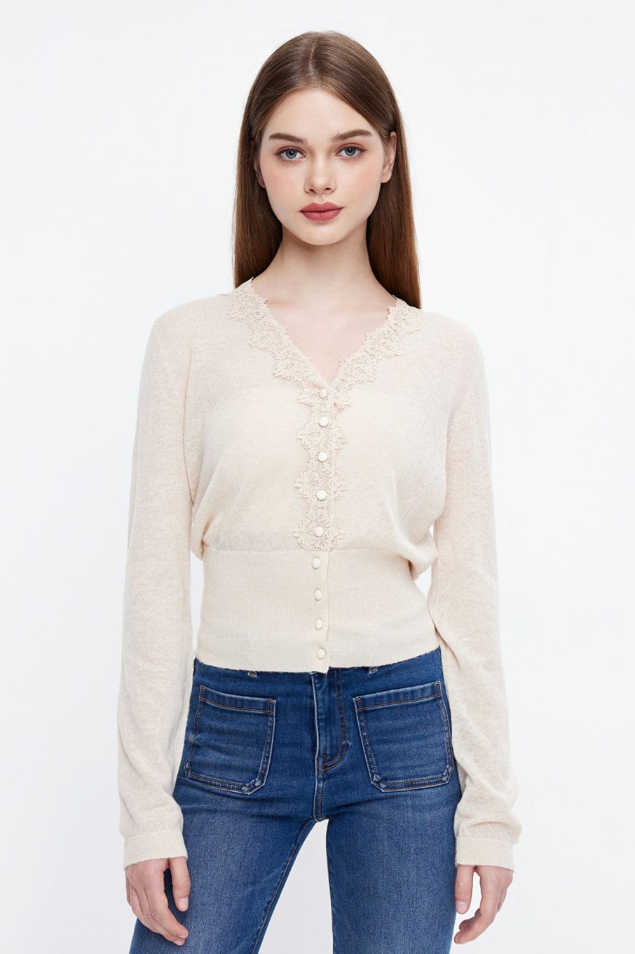 MISS SIXTY Sweaters | V-Neck Lace Slim Fit Wool Blend Knit Top