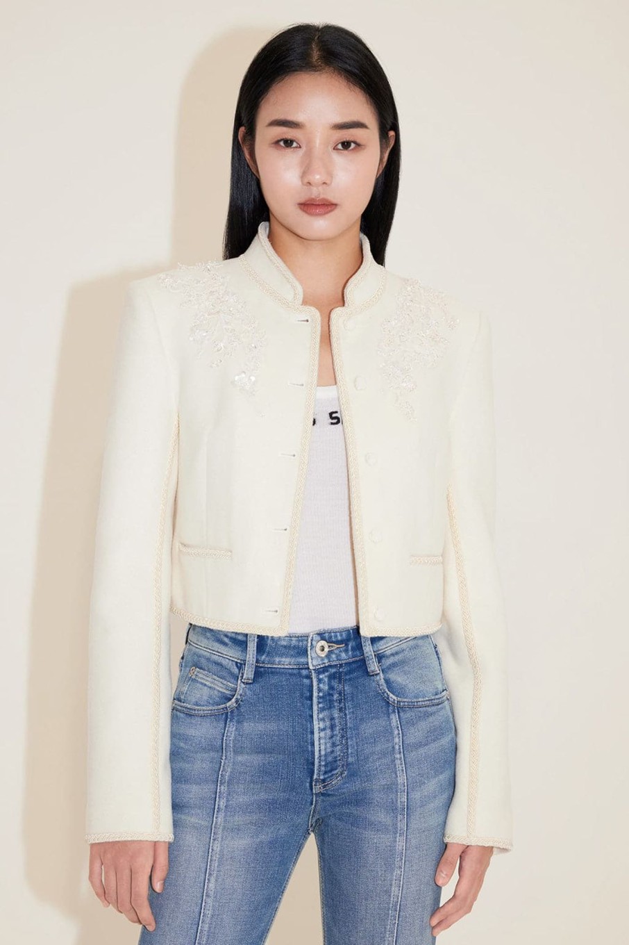 MISS SIXTY Jackets & Outerwears | Embroidered Woolen Tweed Jacket Off White