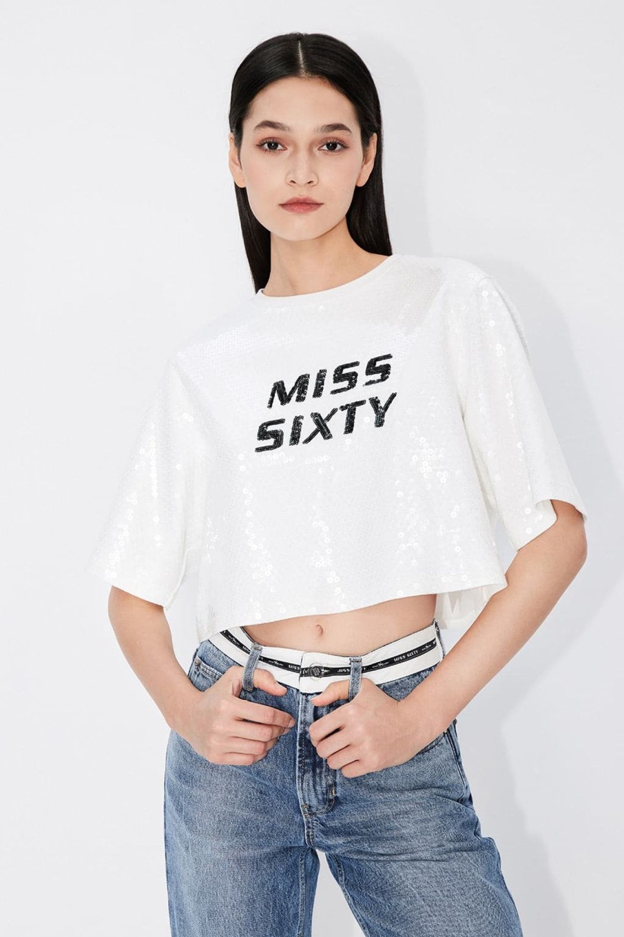 MISS SIXTY Tops | Casual Sequined T-Shirt White