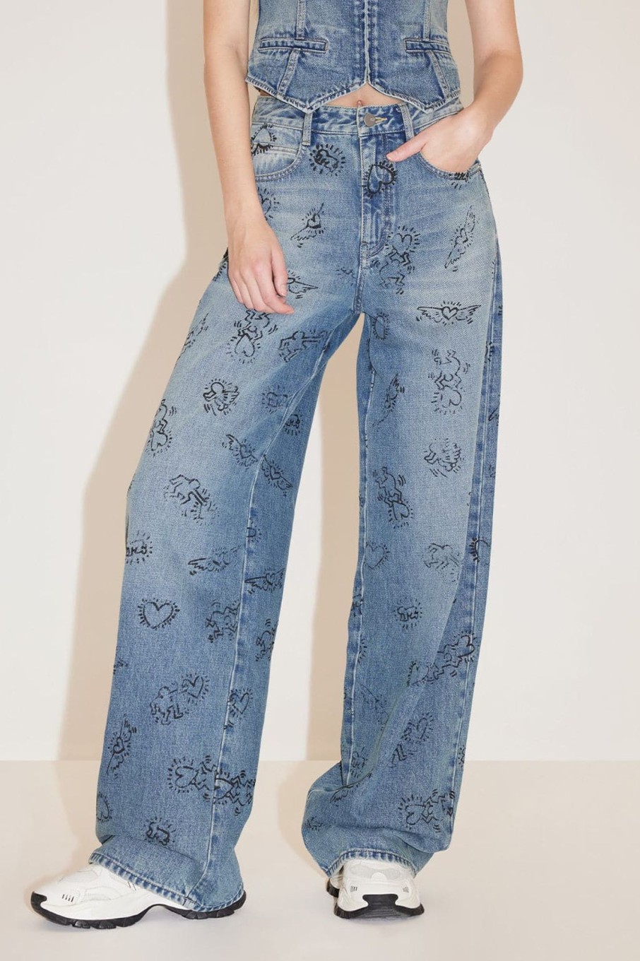 MISS SIXTY Spring-Summer | Miss Sixty X Keith Haring Capsule Collection Full-Width Printed Casual Fit Jeans Middle Blue