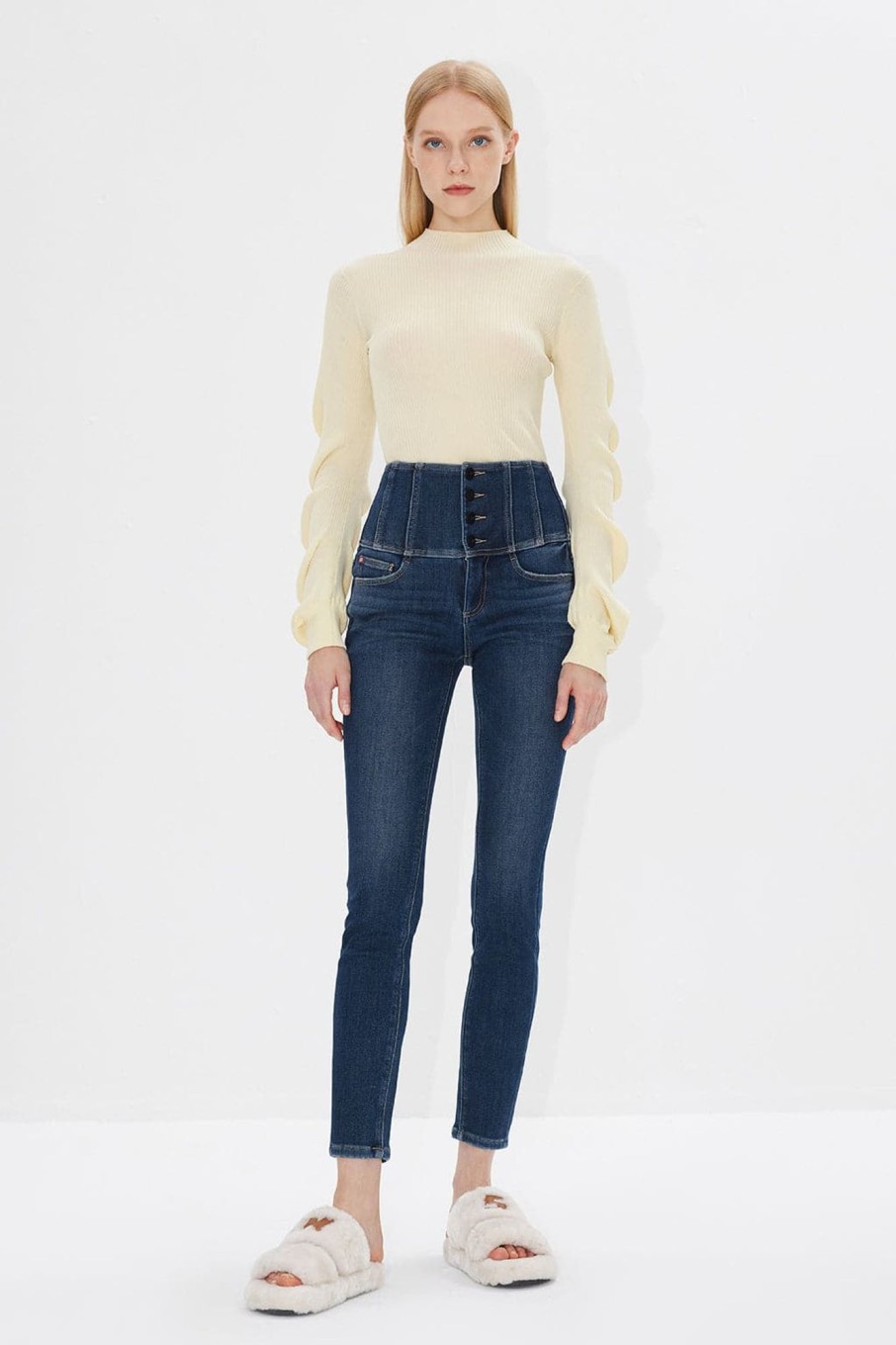 MISS SIXTY High Waist | Four Buttons Super High-Rise Fleece Skinny Jeans Blue