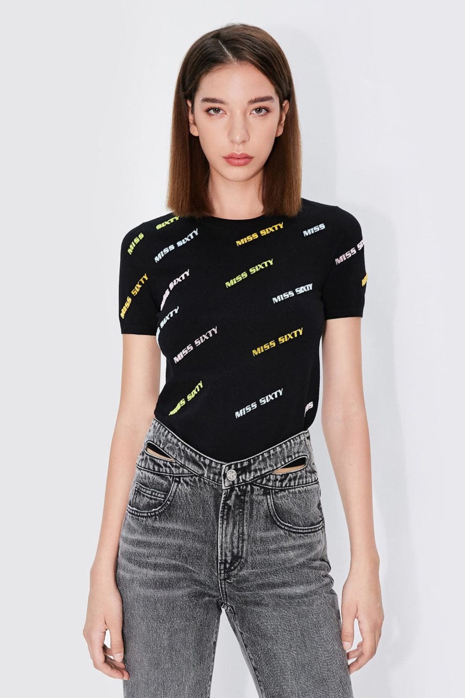 MISS SIXTY Tops | Colourful Embroidered T-Shirt Black