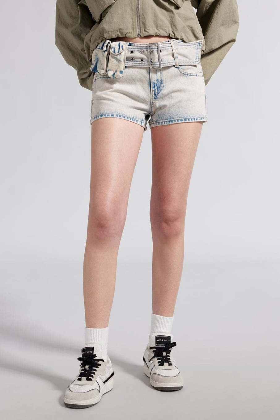 MISS SIXTY Low Waist | Wide Belted Low Rise Denim Shorts Light Grey Blue