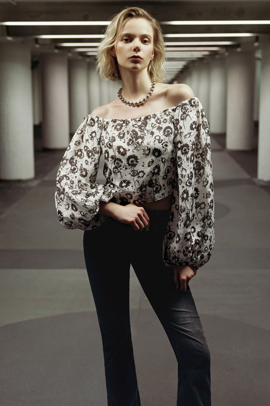 MISS SIXTY Tops | Silk Linen Blend Printed Sexy Off-Shoulder Shirt White/Coffee