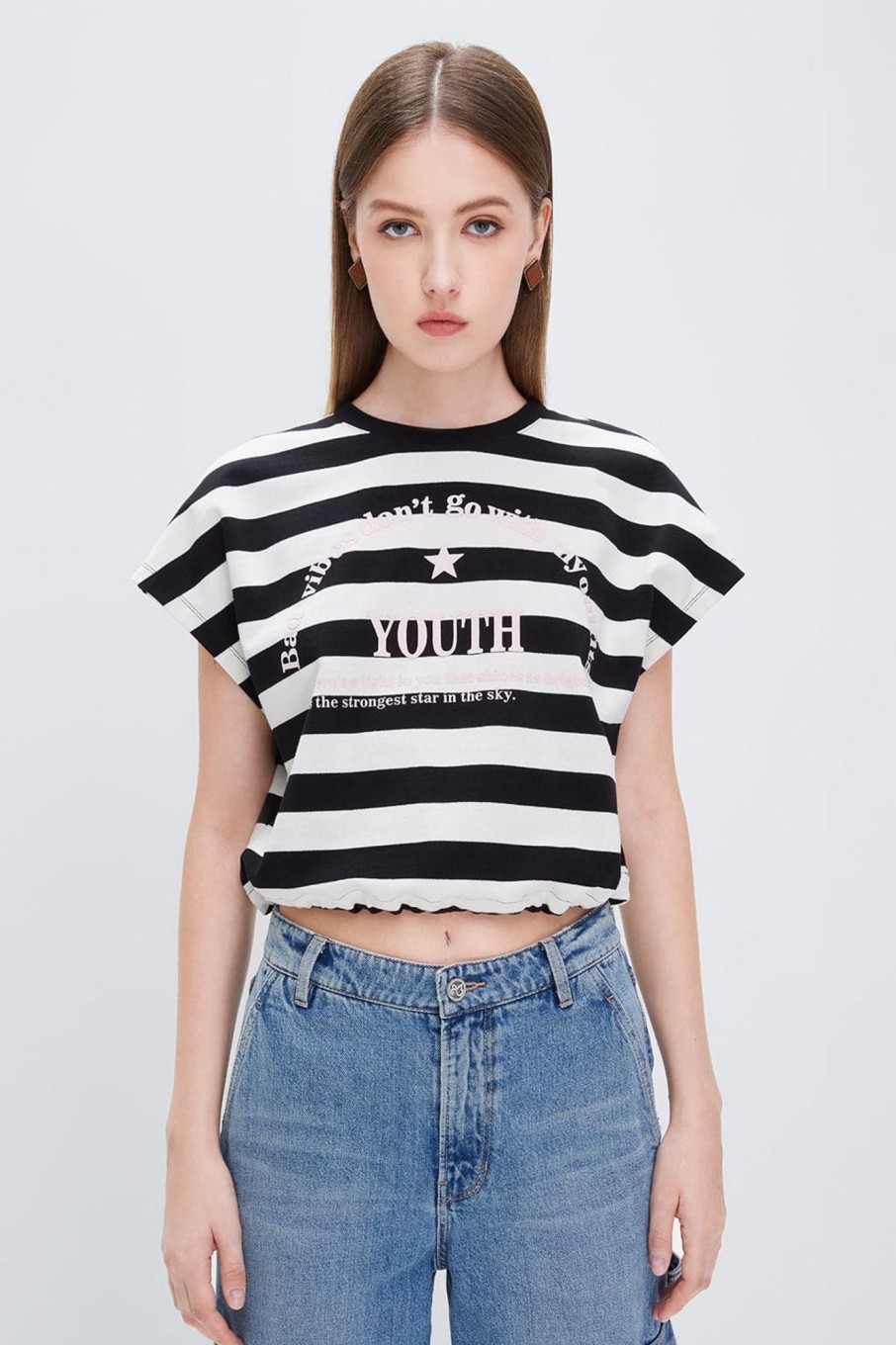 MISS SIXTY Tops | Crew Neck Striped Drawstring Sweatshirt Black/White