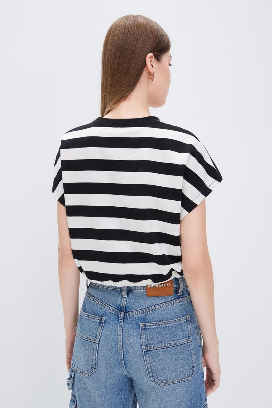 MISS SIXTY Tops | Crew Neck Striped Drawstring Sweatshirt Black/White