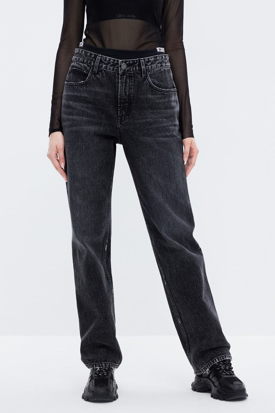 MISS SIXTY Straight | Black And Gray Patchwork Waistband Butterfly Embroidered Straight Jeans Black Fog