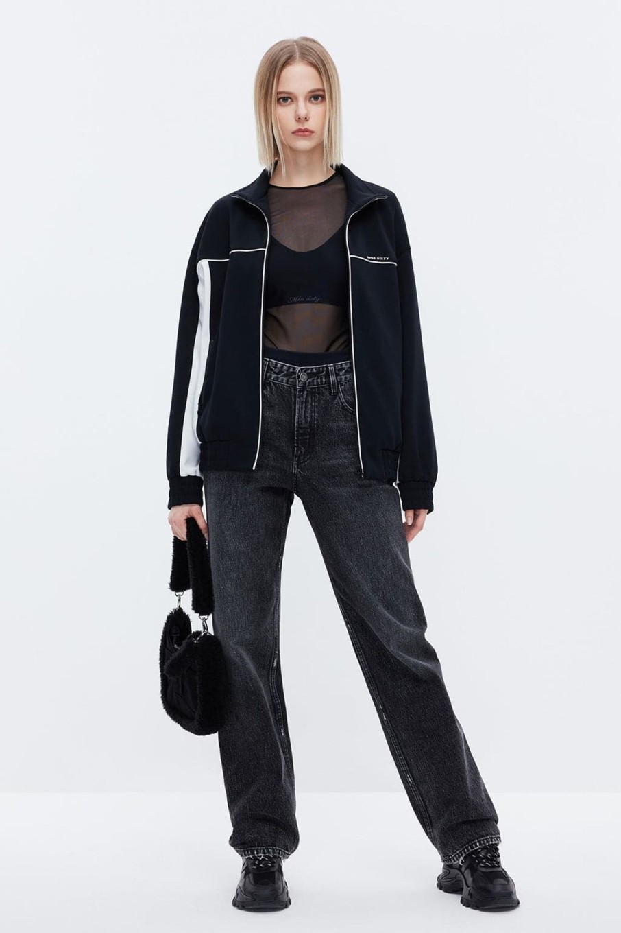 MISS SIXTY Straight | Black And Gray Patchwork Waistband Butterfly Embroidered Straight Jeans Black Fog