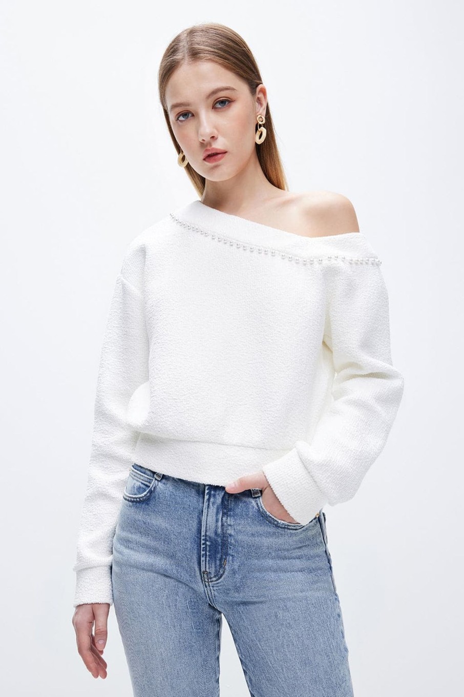 MISS SIXTY Sweaters | Sexy Off-Shoulder Pearl Sweater White