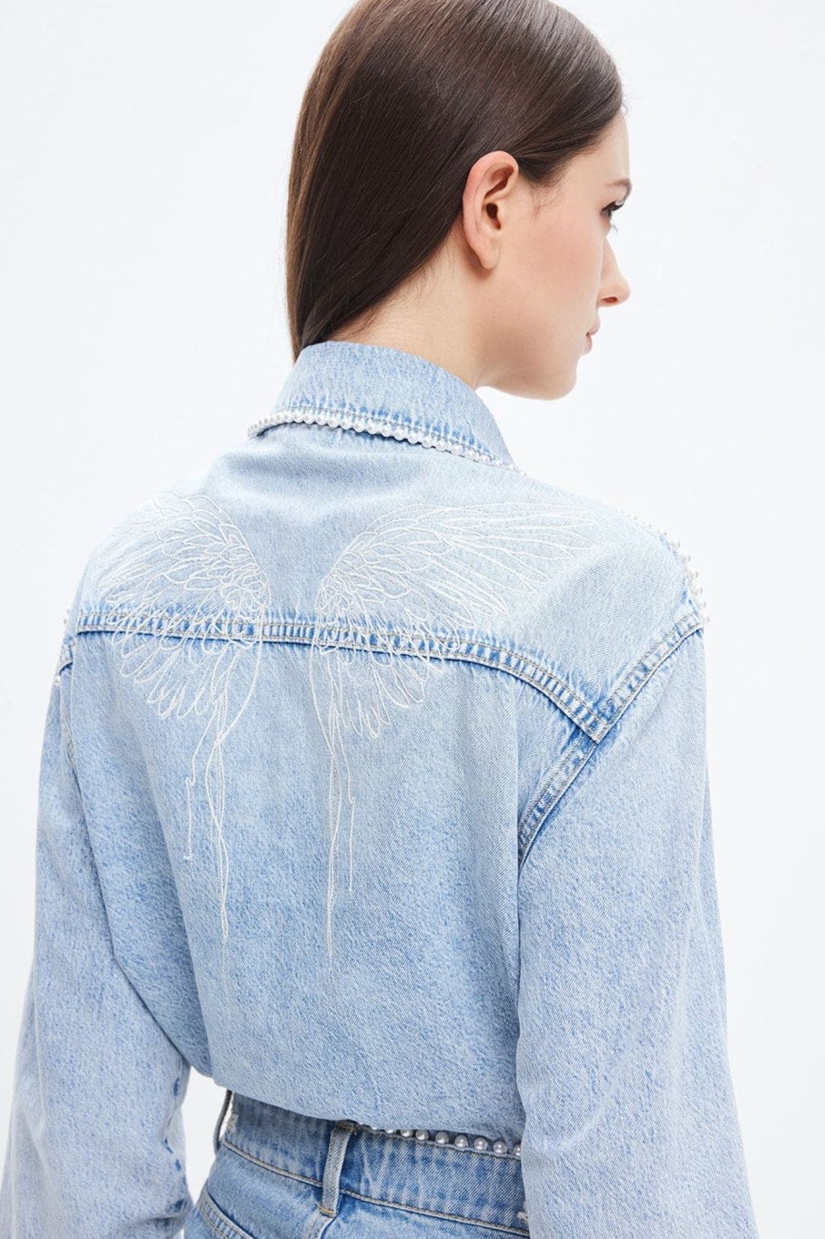 MISS SIXTY Fall-Winter | Angel Collection Cotton Embroidered Pearl Denim Shirt Light Blue