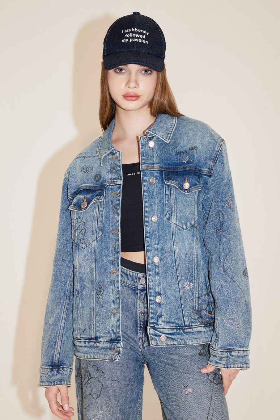 MISS SIXTY Jackets & Outerwears | Vintage Loose-Fit Denim Jacket With Butterfly Crystal Middle Blue