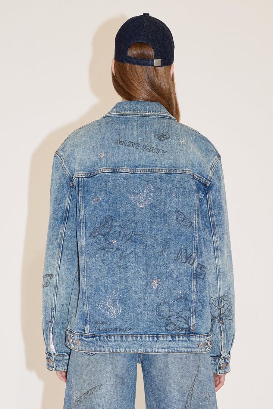 MISS SIXTY Jackets & Outerwears | Vintage Loose-Fit Denim Jacket With Butterfly Crystal Middle Blue