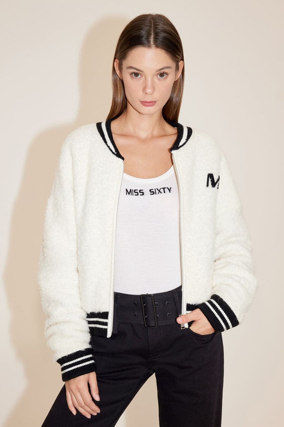 MISS SIXTY Jackets & Outerwears | Vintage Knitted Bomber Jacket Off White