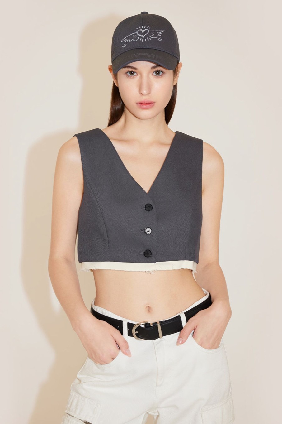 MISS SIXTY Tops | Cropped Vest With Spliced Design Dark Grey