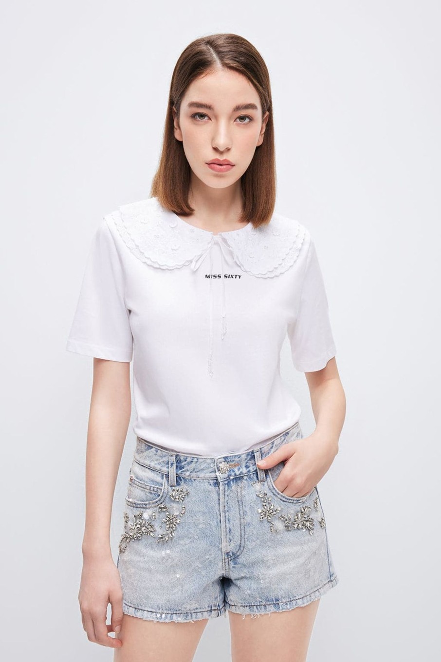 MISS SIXTY Tops | Vintage Style Collar T-Shirt Bright White