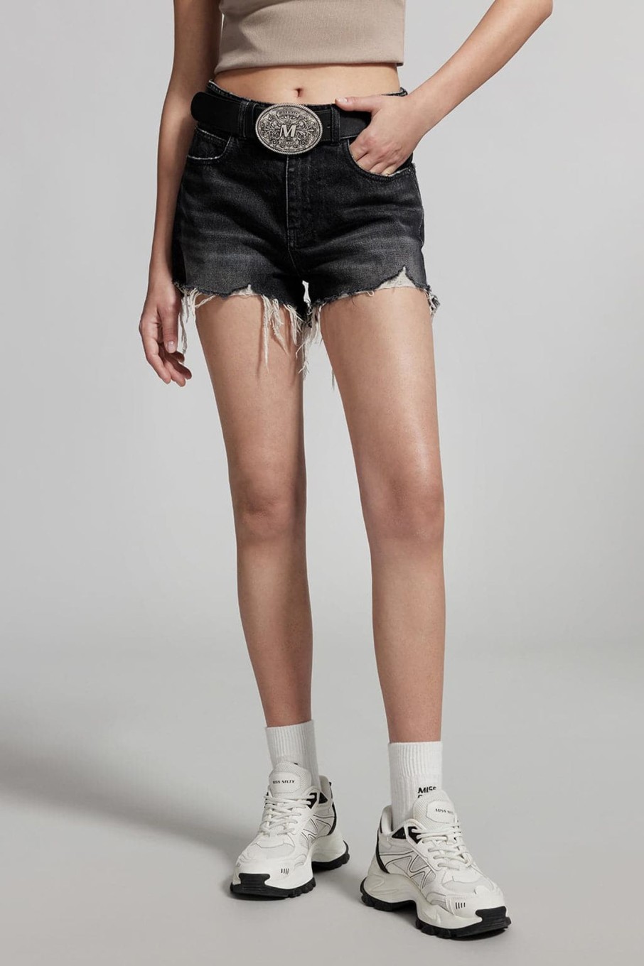 MISS SIXTY Shorts | Vintage Distressed High Waist Denim Shorts Black Fog