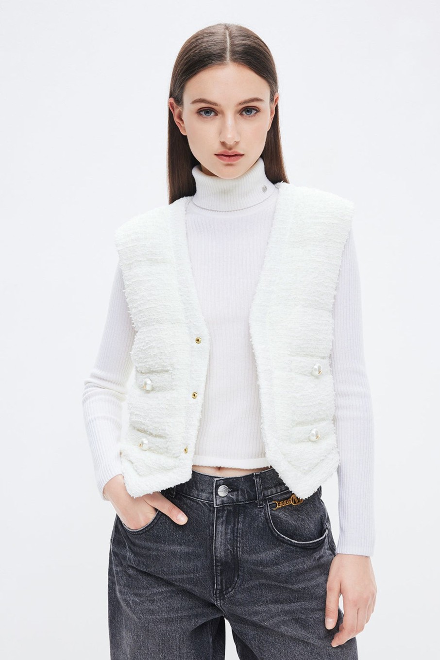 MISS SIXTY Jackets & Outerwears | Beige Stylish Cropped Down Vest Off White