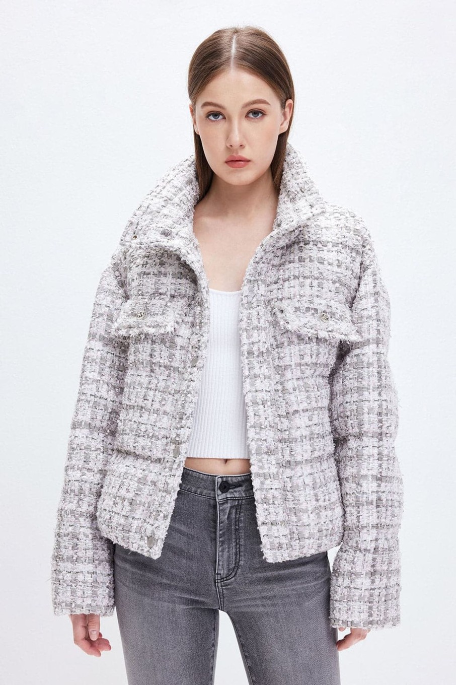 MISS SIXTY Jackets & Outerwears | Cropped Down Jacket With Stand Collar Heather Grey