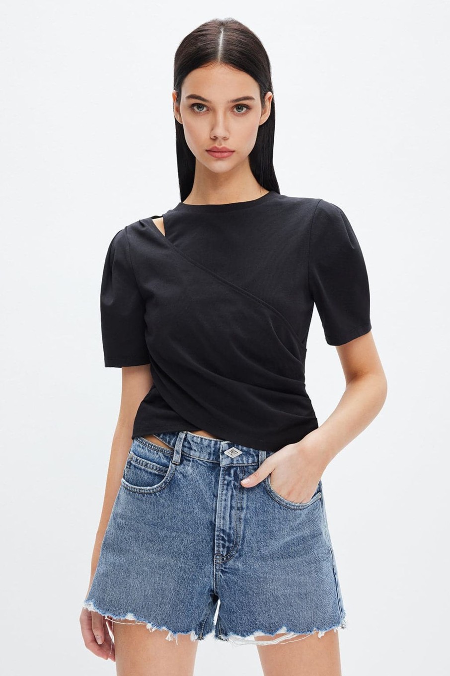 MISS SIXTY Tops | Pleated Design Cotton Short T-Shirt Black