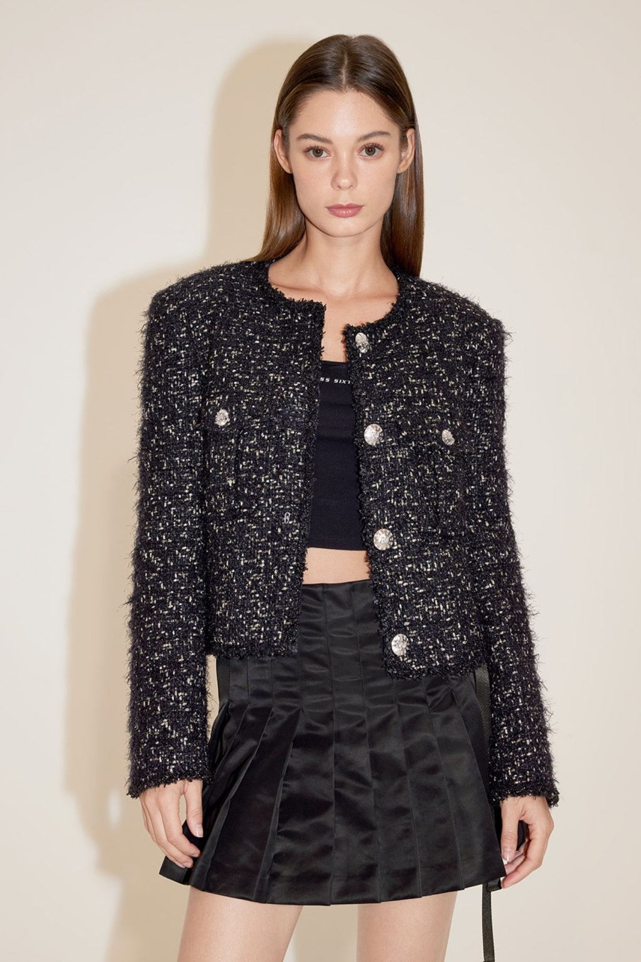 MISS SIXTY Jackets & Outerwears | Round Neck Elegant High-End Boucle Coat Black