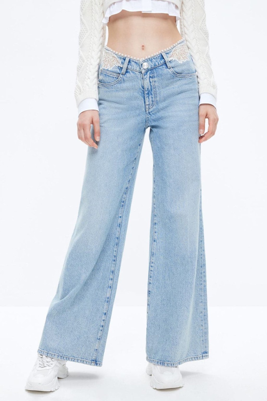 MISS SIXTY Fall-Winter | Angel Collection Embroidered Cotton Low-Rise Flared Jeans Light Blue