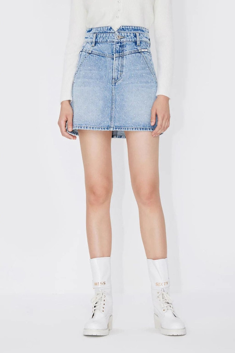 MISS SIXTY Skirts | V Shape Waist Denim Skirt With Beaded Embellishment Middle Blue