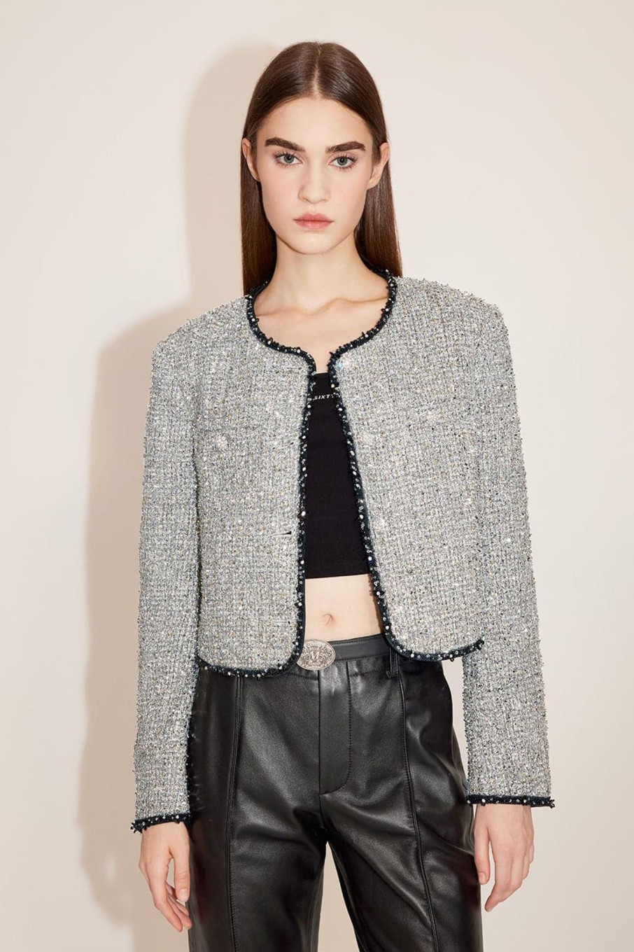 MISS SIXTY Jackets & Outerwears | Lame Tweed Jacket Silver Black