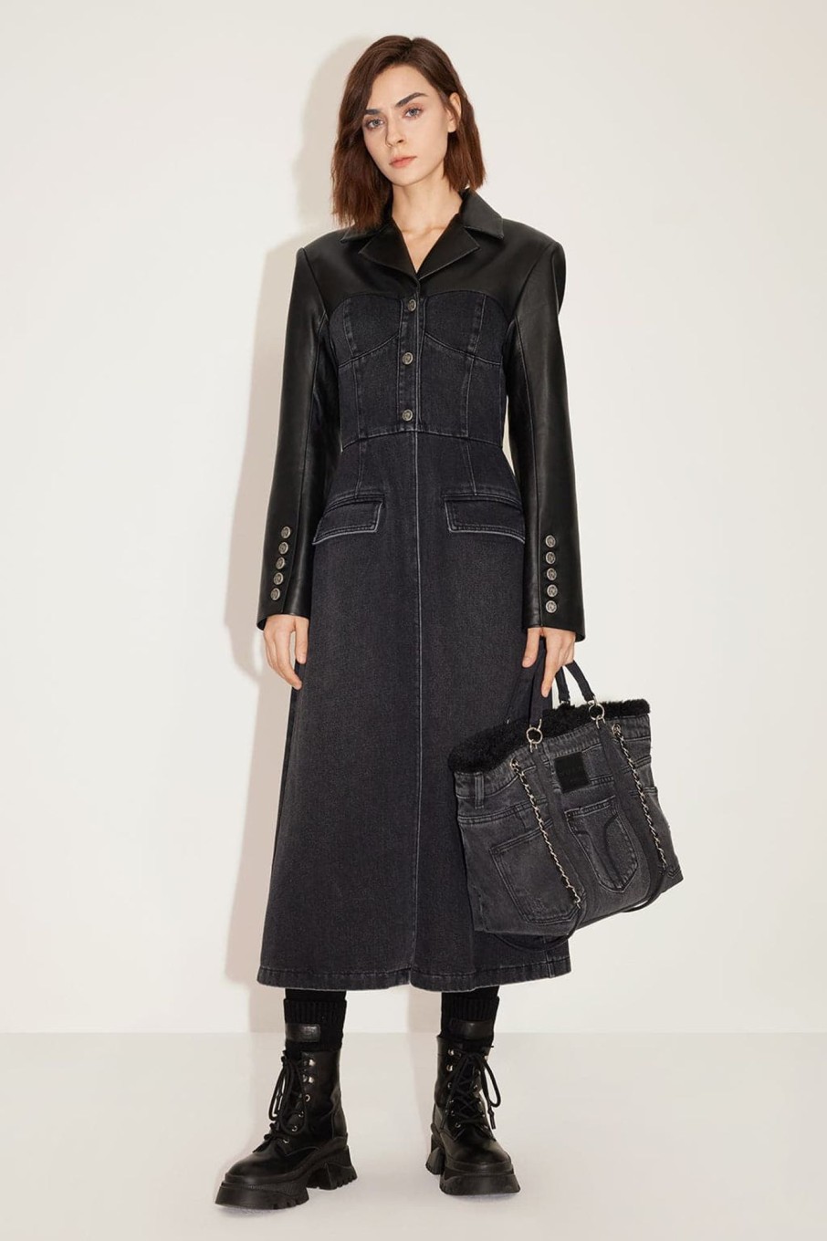 MISS SIXTY Jackets & Outerwears | Stylish Mid-Length High-End Denim Patchwork Leather Coat Black