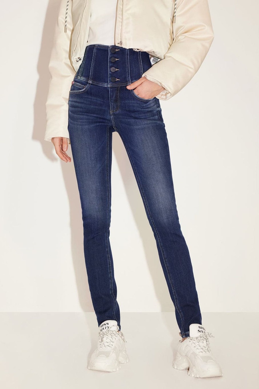 MISS SIXTY High Waist | Dark Blue Super High Waist Fleece Thermal Jeans With Four Buttons Deep Blue