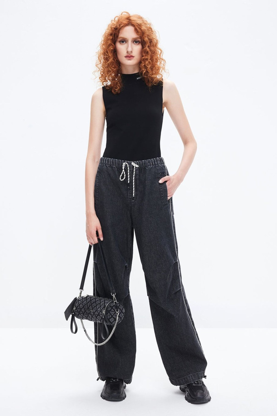 MISS SIXTY Wide Leg | Vintage And Gray Drawstring Wide Leg Jeans Black