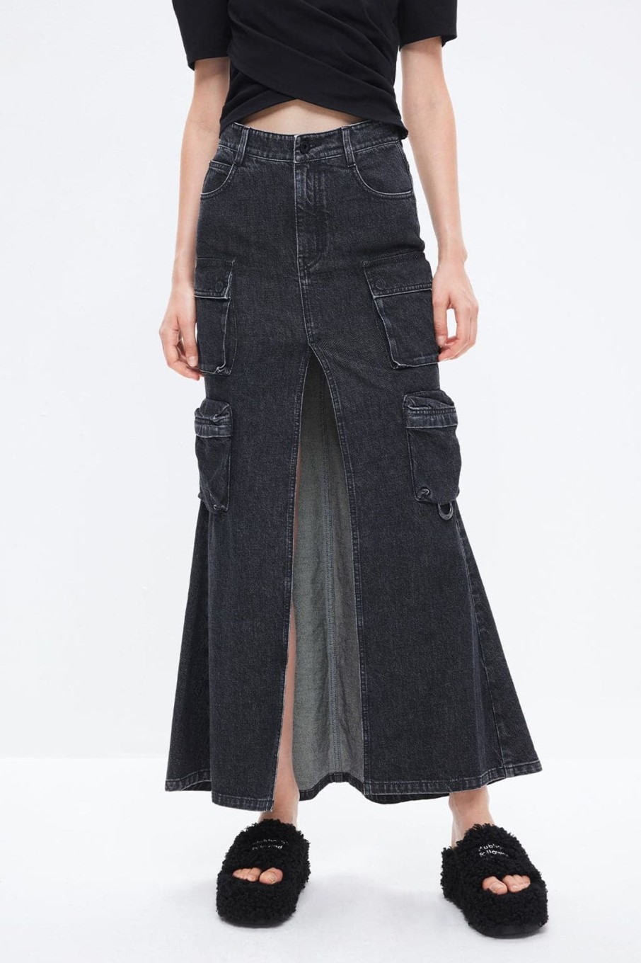 MISS SIXTY Skirts | Vintage Cargo Black And Gray Slit Long Skirt Black Fog