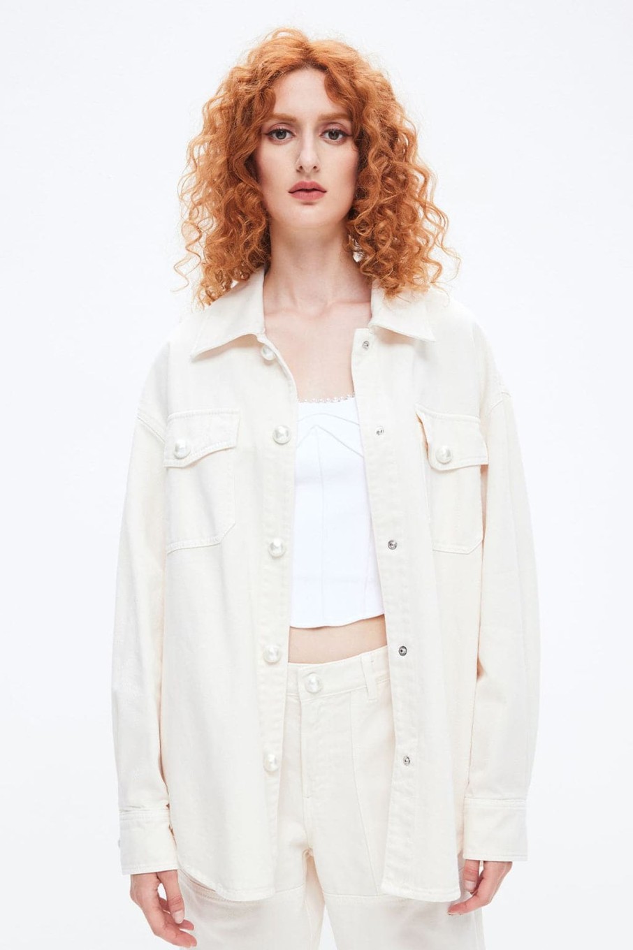 MISS SIXTY Fall-Winter | Angel Collection Embroidered Loose-Fit Cotton Denim Shirt Off White