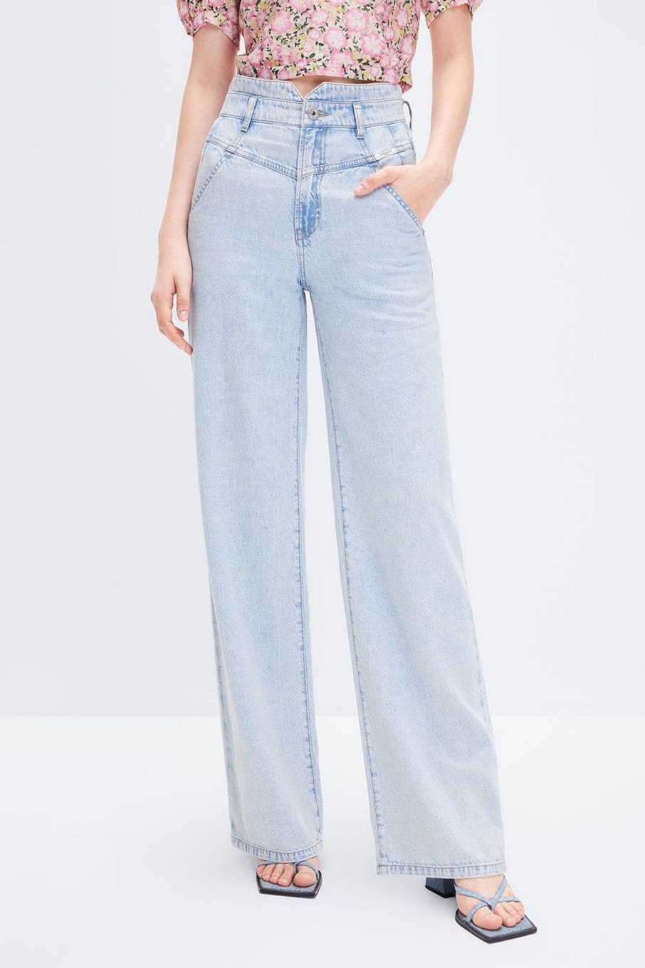 MISS SIXTY Straight | High-Waisted Linen-Cotton Denim Wide-Leg Pants Light Blue