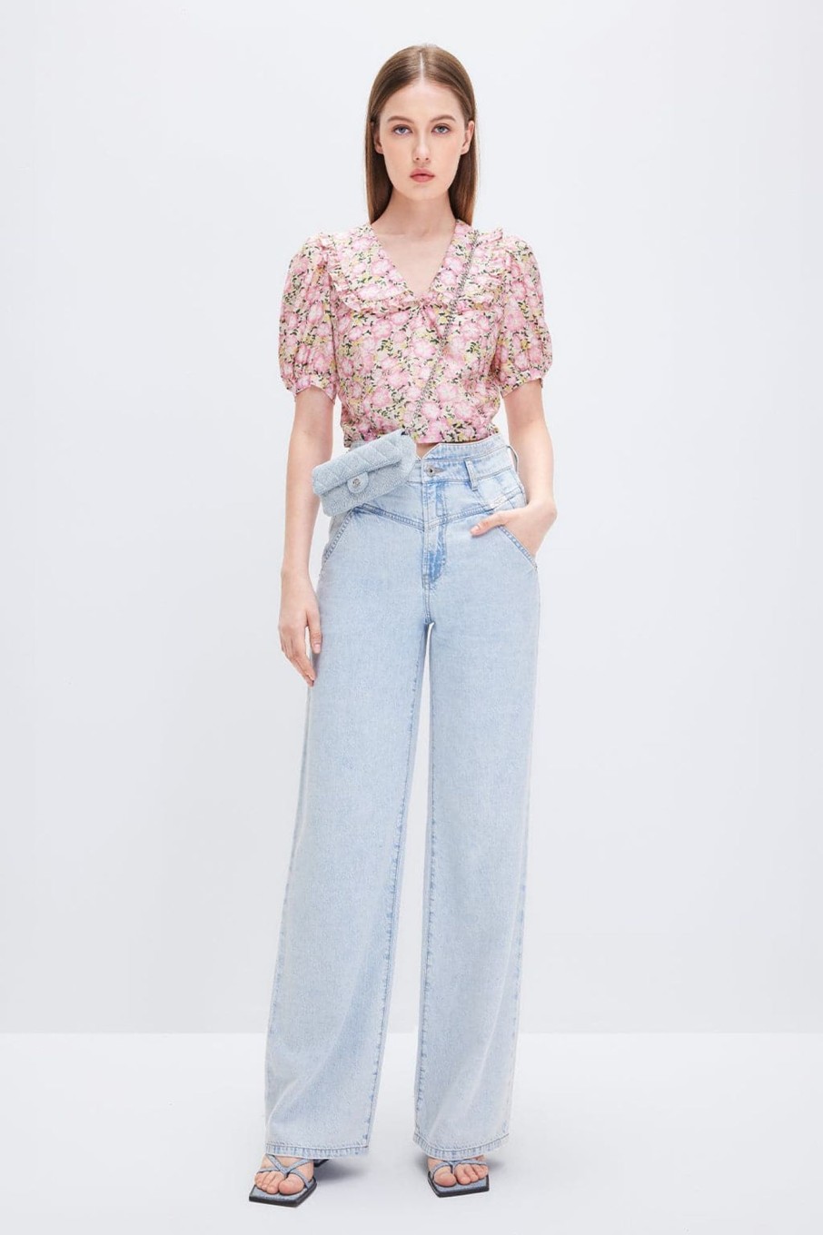 MISS SIXTY Straight | High-Waisted Linen-Cotton Denim Wide-Leg Pants Light Blue