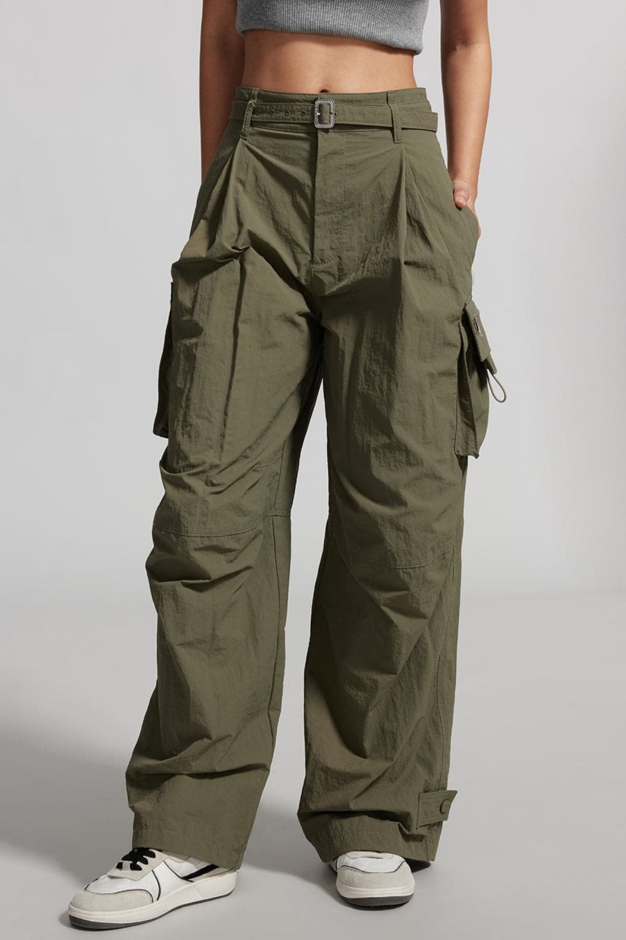 MISS SIXTY Pants & Jumpsuits | Belted Loose-Fitting Pleated Cargo Pants Verde Militare