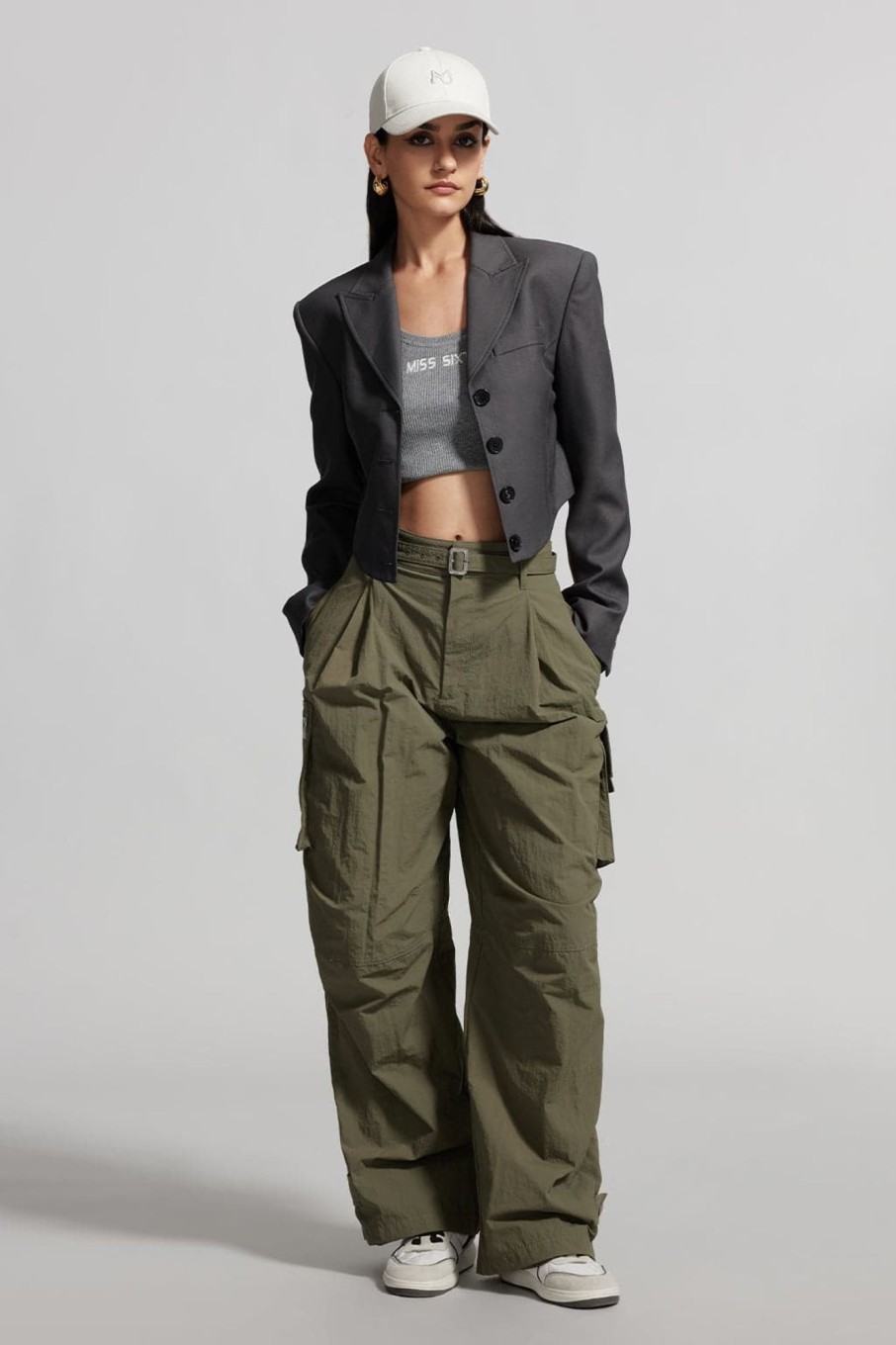 MISS SIXTY Pants & Jumpsuits | Belted Loose-Fitting Pleated Cargo Pants Verde Militare