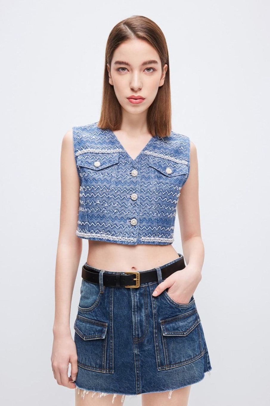 MISS SIXTY Tops | V-Neck Short-Length Jacquard Denim Vest Deep Blue