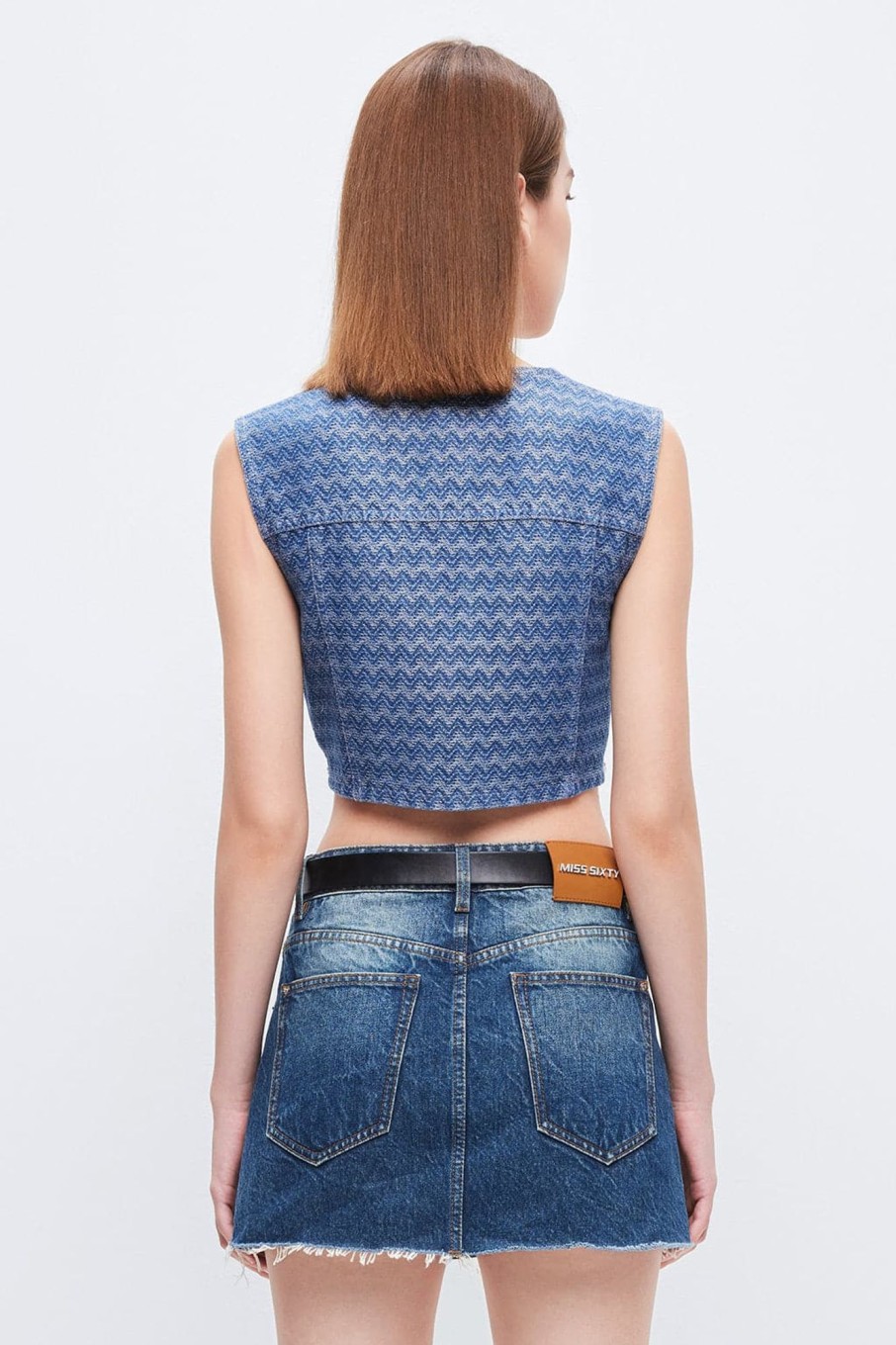 MISS SIXTY Tops | V-Neck Short-Length Jacquard Denim Vest Deep Blue