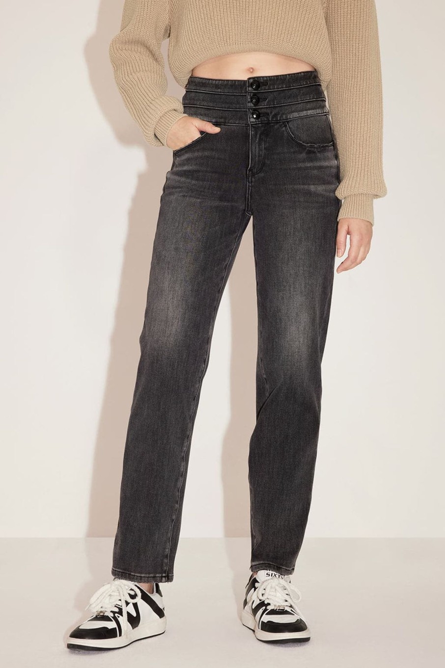 MISS SIXTY Straight | Black And Gray Cashmere Blend Stretch High Waist Straight Jeans Black Fog