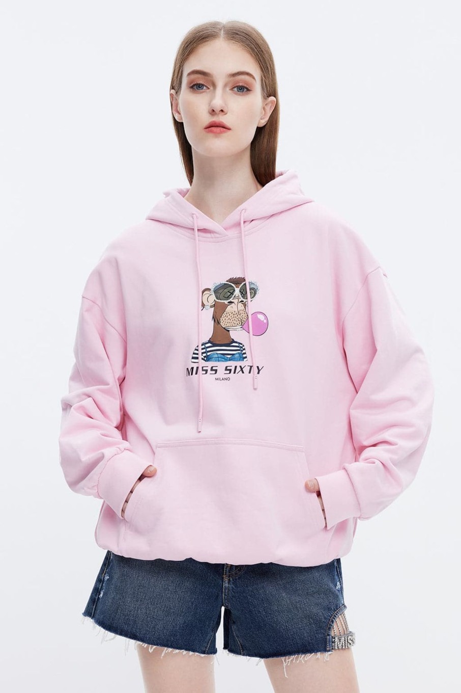 MISS SIXTY Tops | Nft Capsule Light Pink Pattern Loose Hooded Sweatshirt Baby Pink