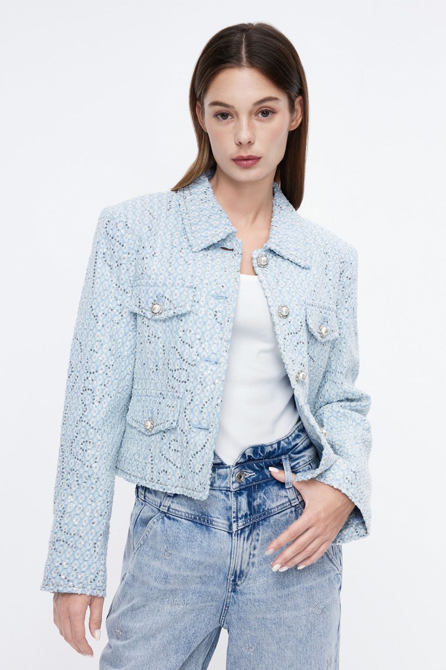 MISS SIXTY Jackets & Outerwears | Sequined Embroidered Denim Jacket Light Blue