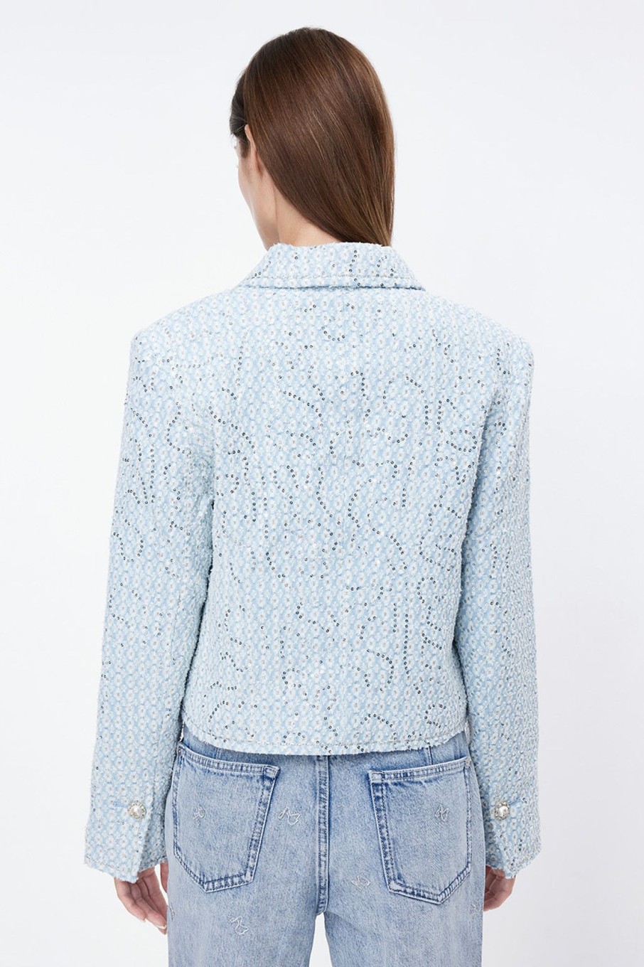 MISS SIXTY Jackets & Outerwears | Sequined Embroidered Denim Jacket Light Blue