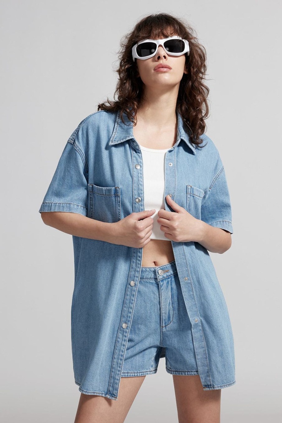 MISS SIXTY Tops | Baby Blue Denim Shirt With Tencel Light Blue