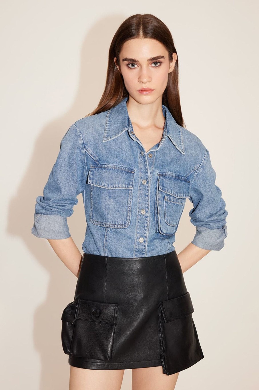 MISS SIXTY Tops | Slim Fit Acid-Washed Denim Shirt Light Blue