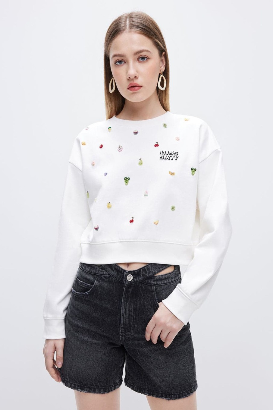 MISS SIXTY Tops | Sporty Jumper With Fruits Decorations Beaded Off White