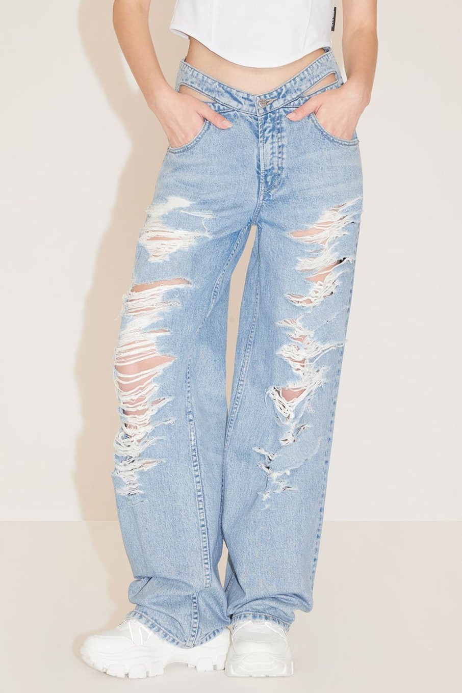 MISS SIXTY Wide Leg | Cut Out Waist Ripped Wide Leg Jeans Middle Blue