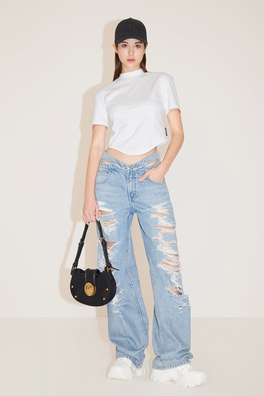 MISS SIXTY Wide Leg | Cut Out Waist Ripped Wide Leg Jeans Middle Blue